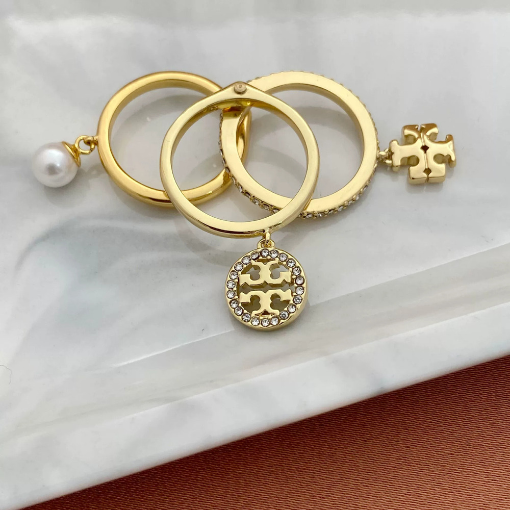 Tory Burch Rhinestone Pearl Letter Triple Ring Metal Ring